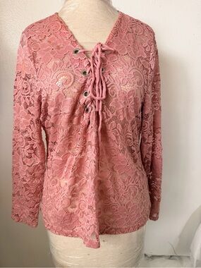 cleo Dusty Rose Lace-Up Long Sleeve Lace Top